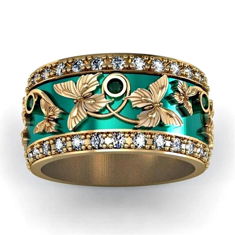 Green Butterfly Inlaid Zircon Ring