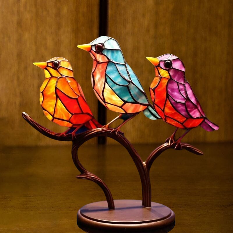 Birds on Branches Stained Acrylic Ornaments, Double Sided Multicolor Style