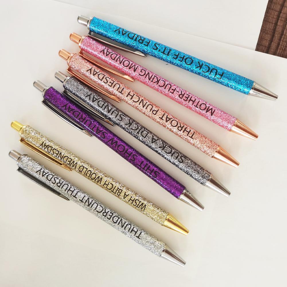 QPEY 7Pcs Sarcastic Pens, Swear Word Daily Pens Set, Funny Pens for Adults,  Black Ink 1.0 mm Seven Days of the Week Glitter Ballpoint Pens Gift for